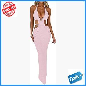 V-Neck Bodycon Maxi Dress Halter Backless Hollow Out Waist Knitted